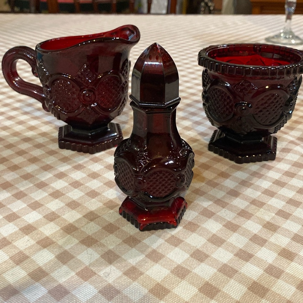 Avon vintage ruby red sugar and creamer, salt shaker